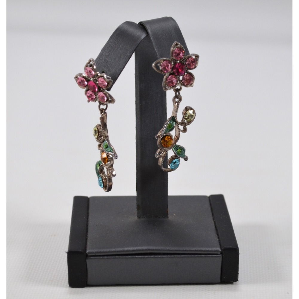 Silver Tone Dangle Pierced Stud Earrings Floral Pink Multi Color Rhinestones